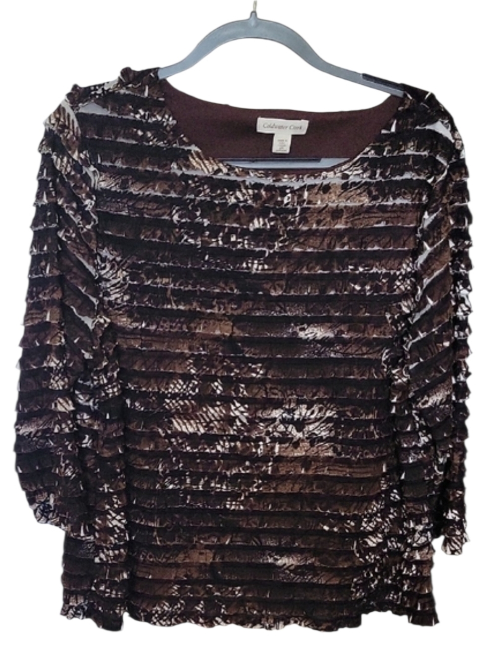 Coldwater Creek Women's Brown and Cream Ruffled Stripe Blouse 2XL